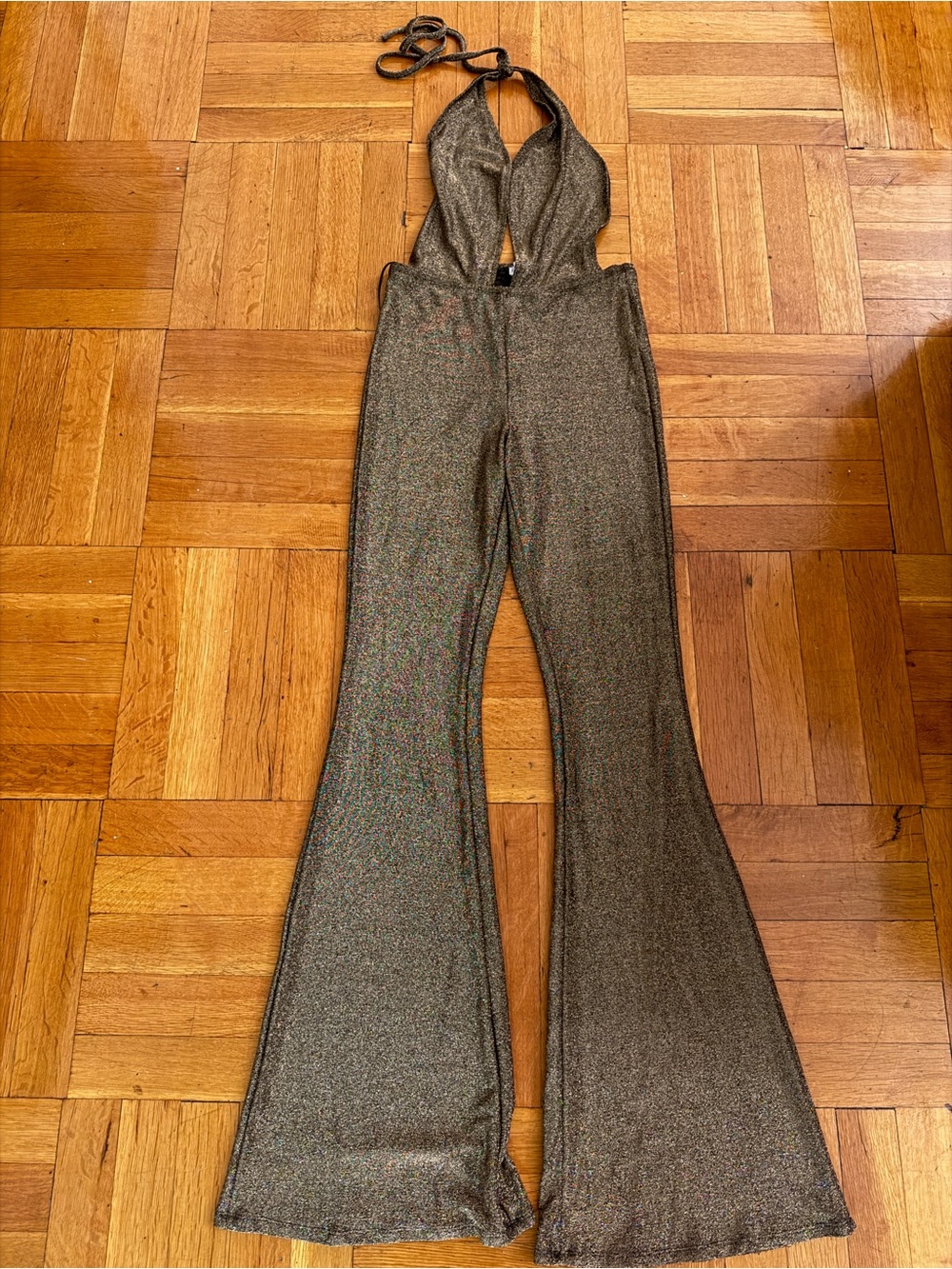 Women Metallic Gold Halter Jumpsuit with Flared Legs